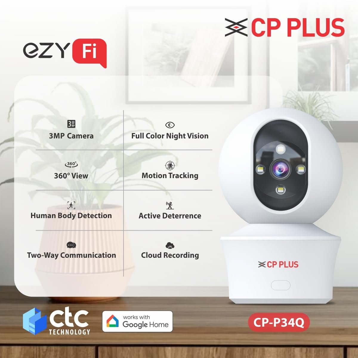CP PLUS 3MP Smart Wi-Fi CCTV Camera for Home with 360° Pan & Tilt | View & Talk | Smart Detection Suite | Night Vision 30 Mtr | Cloud Recording | CTC Cyber Secure Tech - Image 2