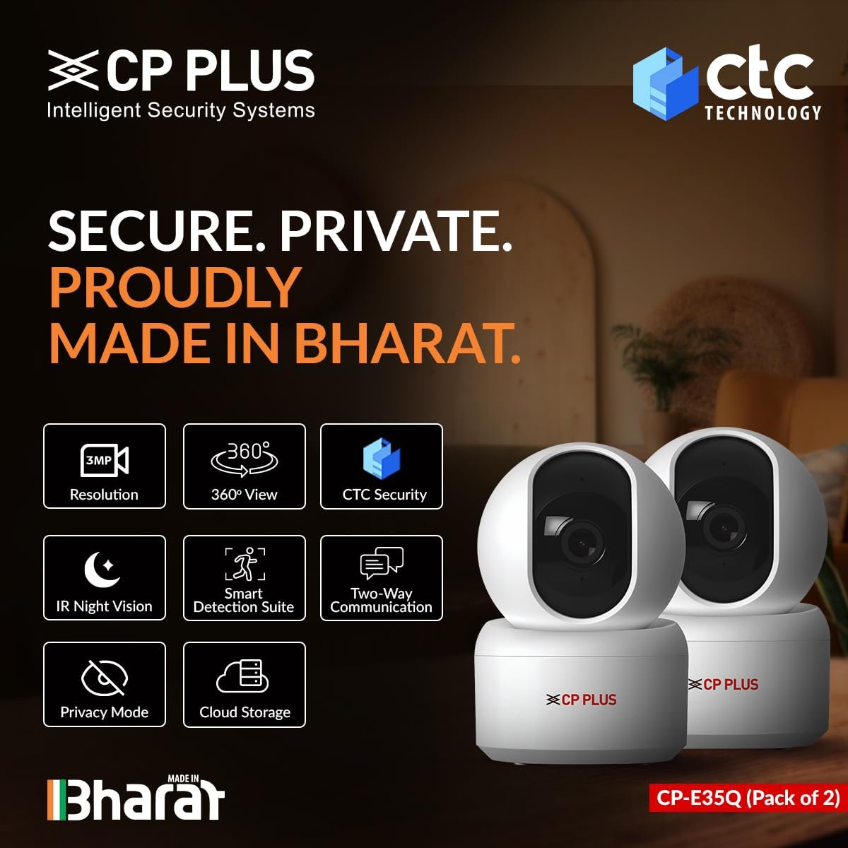 CP PLUS 3MP Smart Wi-Fi CCTV Security Camera | 360° Pan & Tilt | CTC Cyber Secure | View & Talk | Smart Detection Suite | Night Vision | Cloud Storage | Supports OK Google | CP-E35Q (Pack of 2) - Image 2