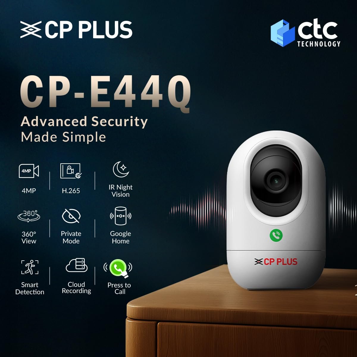 CP PLUS 4MP Quad HD Smart Wi-Fi CCTV Camera | 360° Pan & Tilt | Press to Call | CTC Cyber Secure Tech | Smart Detection Suite | View & Talk | IR Night Vision | Cloud Recording | OK Google - Image 2