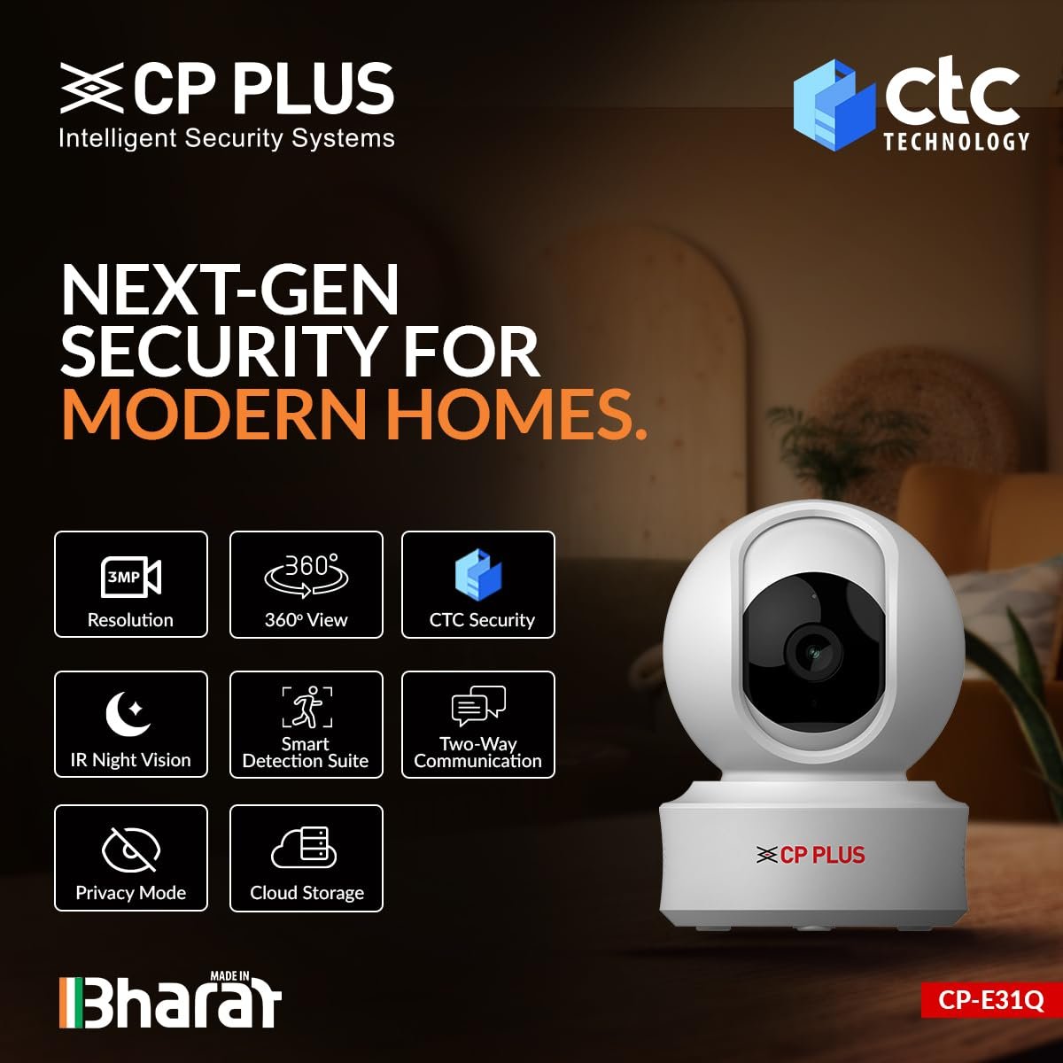 CP PLUS 3MP Resolution Smart Wi-fi CCTV Home Security Camera | 360° View | Motion Tracking | 2-Way Talk | Cloud & SD Card Support | CTC Cyber Secure Tech | 15M Night Vision - Image 2