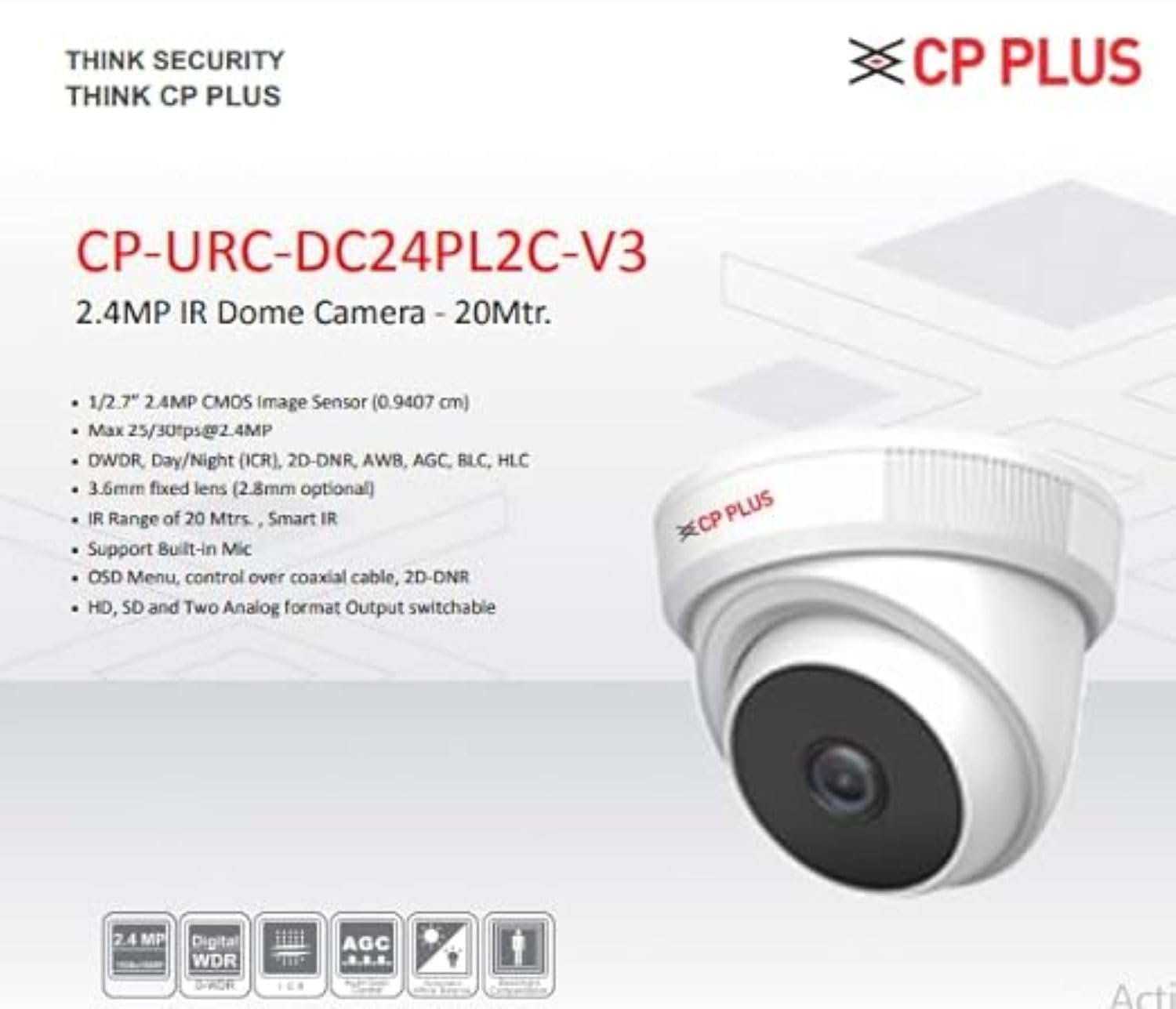 CP PLUS 2.4MP IR Dome Security Camera | 3.6mm Fixed Lens | Max 25/30fps at 2.4MP | DWDR, Day/Night (ICR) | IR Range of 20 Mtrs., Smart IR | Support Built-in Mic - Image 2