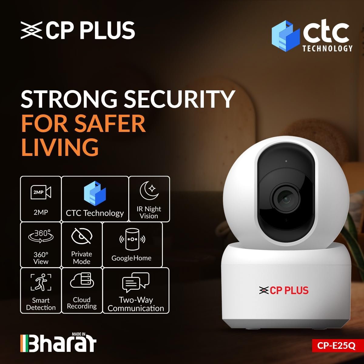 CP PLUS 2MP Full HD Wi-Fi CCTV Camera for Home with Motion Tracking | Smart Detection Suite | Night Vision | Cloud Recording | View & Talk | Supports OK Google | CTC Cyber Secure - Image 2