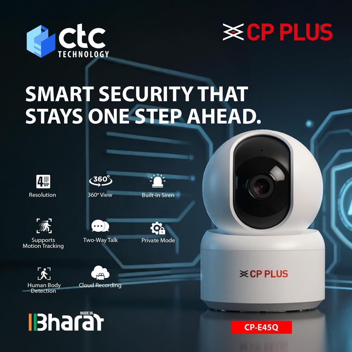 CP PLUS 4MP Quad HD Smart Wi-Fi CCTV Camera for Home | 360° Pan & Tilt | CTC Cyber Secure Tech | View & Talk | Smart Detection Suite | IR Night Vision | Cloud Recording | Support OK Google - Image 2