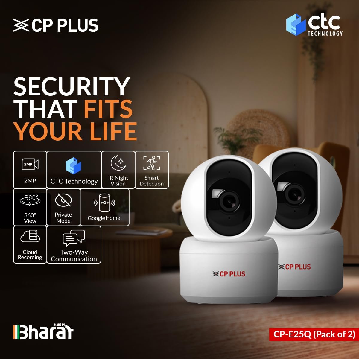 CP PLUS 2MP Full HD Wi-Fi CCTV Camera for Home with Motion Tracking | Smart Detection Suite | Night Vision | Cloud Recording | View & Talk | Supports OK Google | CTC Cyber Secure - Image 2