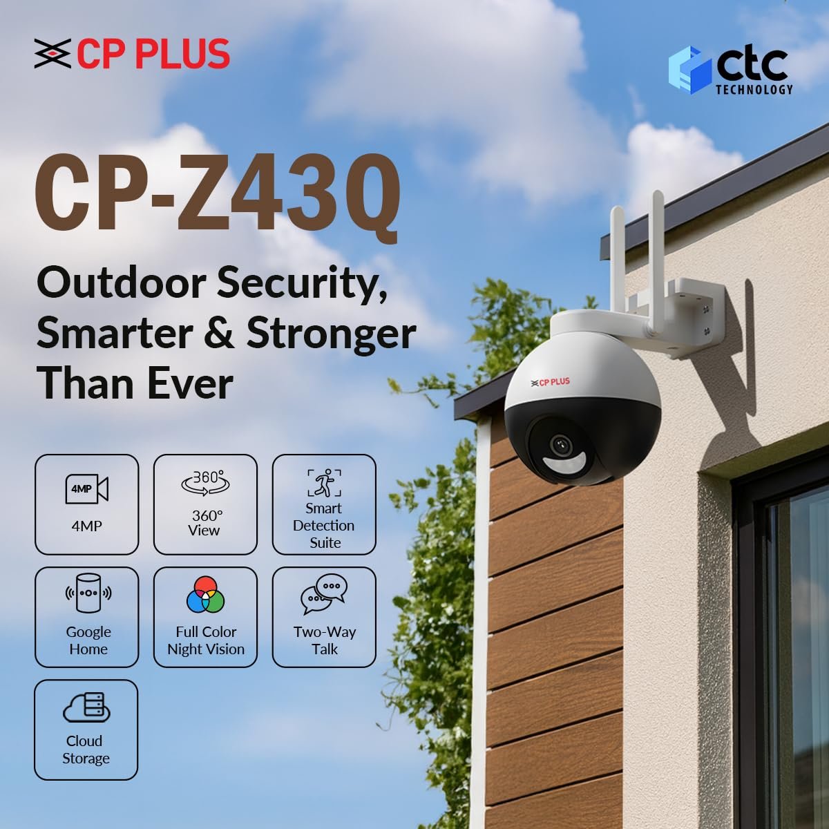 CP PLUS 4MP Quad HD Outdoor Wi-Fi CCTV Camera | 360° Pan & Tilt | Full-Color Night Vision | CTC Cyber Secure Tech | Smart Detection Suite | View & Talk | OK Google | Cloud Recording - Image 2