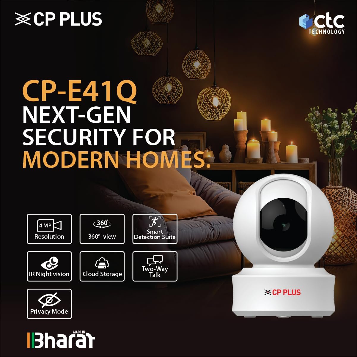 CP PLUS 4MP Quad HD Smart Wi-Fi CCTV Camera for Home | 360° Pan & Tilt | CTC Cyber Secure Tech | Supports LAN | View & Talk | Smart Detection Suite | Night Vision | Cloud Storage | OK Google - Image 2