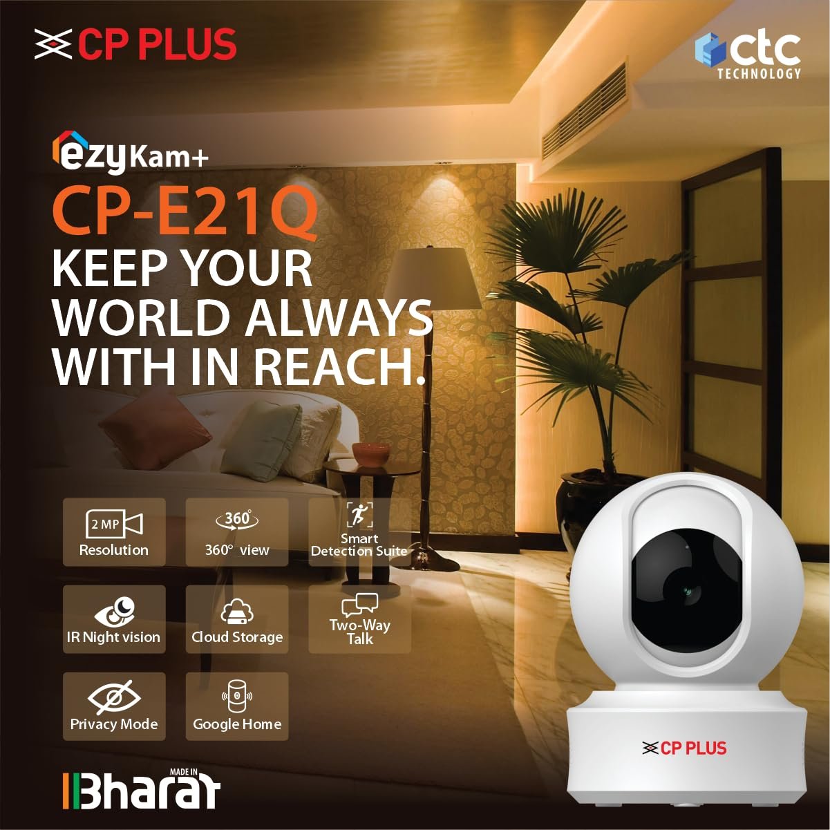CP PLUS 2MP FULL HD Smart Wi-Fi CCTV Camera for Home | 360° Pan & Tilt | CTC Cyber Secure Tech | Supports LAN | View & Talk | Smart Detection Suite | Night Vision | Cloud Storage | OK Google - Image 2