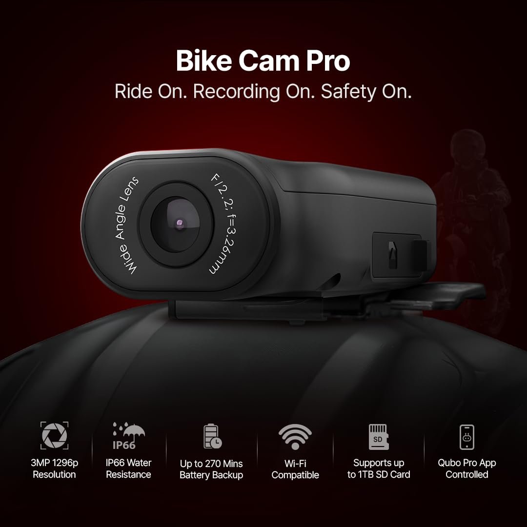 Qubo by Hero Group Smart Bike Cam Pro | 2K Resolution 3MP 1296p | 2000 mAh | 124 Degree Wide Angle | Night Vision | for Motorcycles, Bicycles | Proof on Demand | Record Your Rides | (Bike Cam) - Image 2