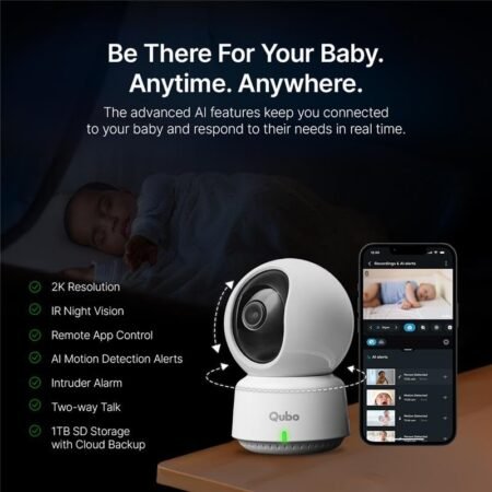 Qubo Smart 360° 3MP [2K] Baby Monitor by Hero Group | Indoor CCTV Cam | STQC Certified | AI Smart Motion Tracking | App Alerts | Color Night Vision | Cloud & SD Card Storage | Made in India