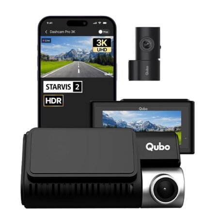 Qubo Car Dashcam Pro 3K with Sony STARVIS 2 IMX675 Sensor | Dual Channel | Hero Group | NightPulse Vision | 5MP UHD Front Ultra 2MP FHD Rear | 3.2" LCD | Built-in GPS, Wi-Fi, Mic | Up to 1TB Storage