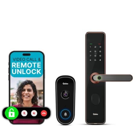 Qubo Smart Door Lock Select (Copper) with Video Call Doorbell Connect | Answer Your Door from Anywhere – See, Speak & Unlock | 4 Bolts + Deadbolt Security | AI Person/Motion Detection & Alerts