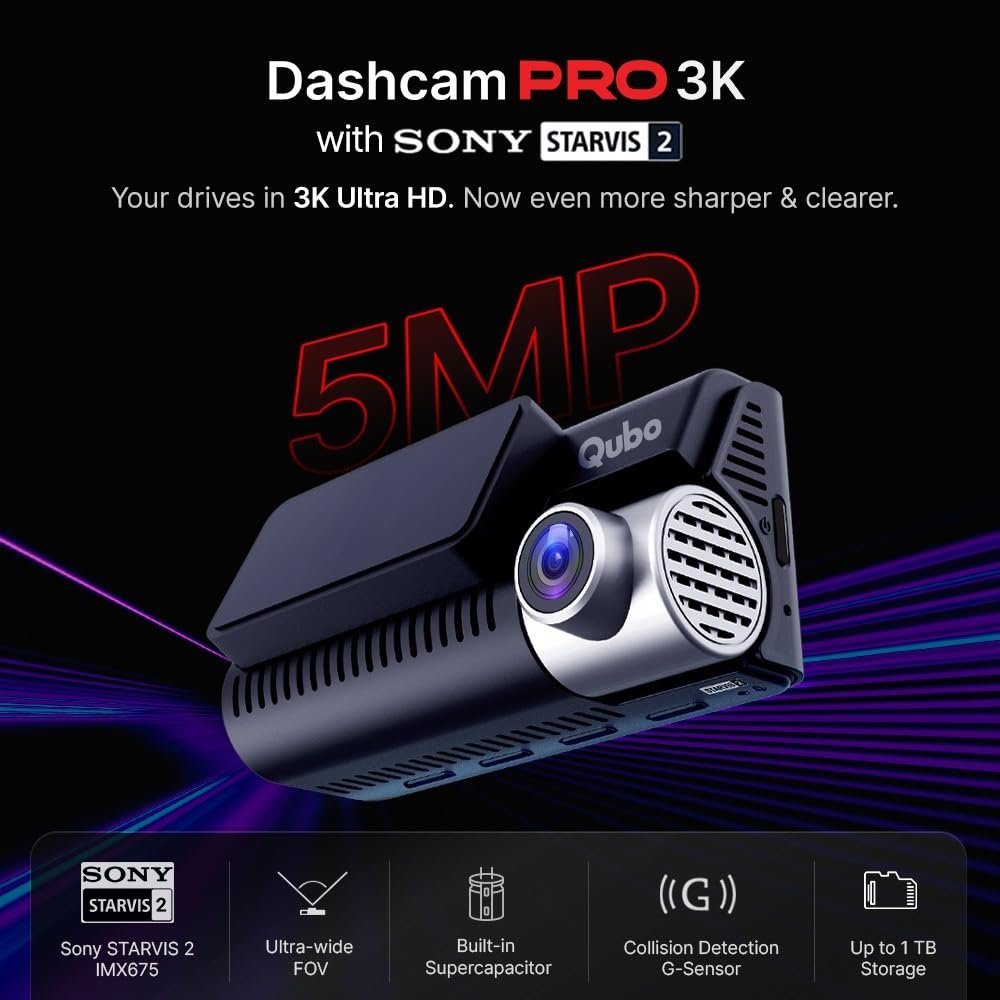 Qubo Car Dashcam Pro 3K with Sony STARVIS 2 IMX675 Sensor | Dual Channel | Hero Group | NightPulse Vision | 5MP UHD Front Ultra 2MP FHD Rear | 3.2" LCD | Built-in GPS, Wi-Fi, Mic | Up to 1TB Storage - Image 2