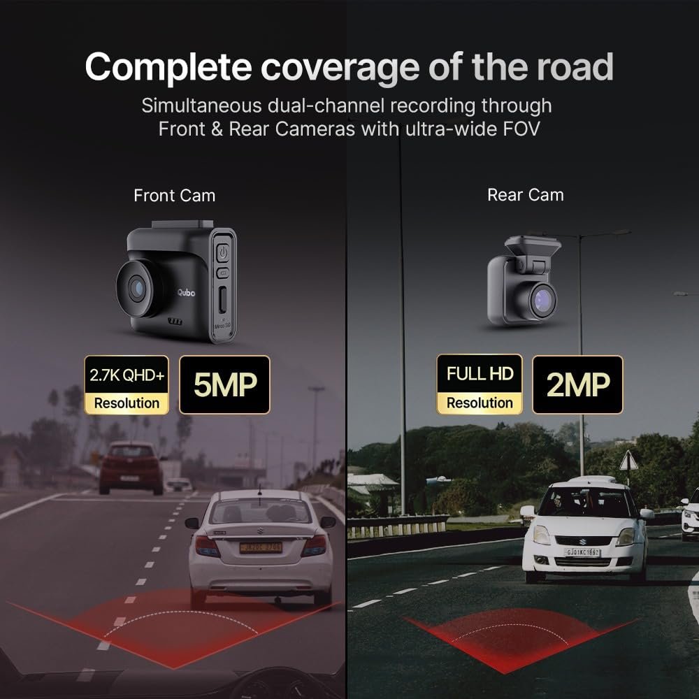 Qubo Car Dashcam Pro 2.7K | Dual Channel | Hero Group | NightPulse Vision | 5MP QHD+ Front Wide 2MP FHD Rear | G-Sensor | 2" LCD | Built-in GPS, Wi-Fi, Mic | App | Up to 1TB Storage| Made in India - Image 2