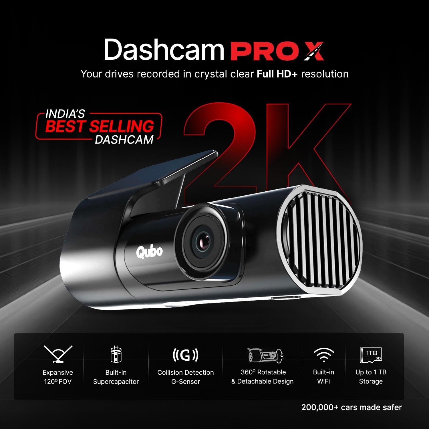 Qubo Dashcam Pro X (2026 Edition) | 2K Resolution FHD+ | Doubles up as in-Cabin Camera|NightPulse Vision | Wide FOV | Supercapacitor | Built in Wi-Fi, Mic | Up to 1TB Storage | Built for Indian Roads - Image 2