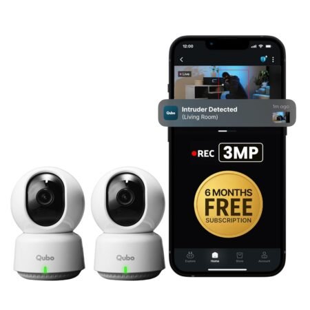 Qubo Smart 360° 3MP Wi-Fi [Free 6-Month Subscription] Security Camera | 2K Indoor CCTV Cam for Home | AI Person Detection | Automatic Alarm [Pack of 2]